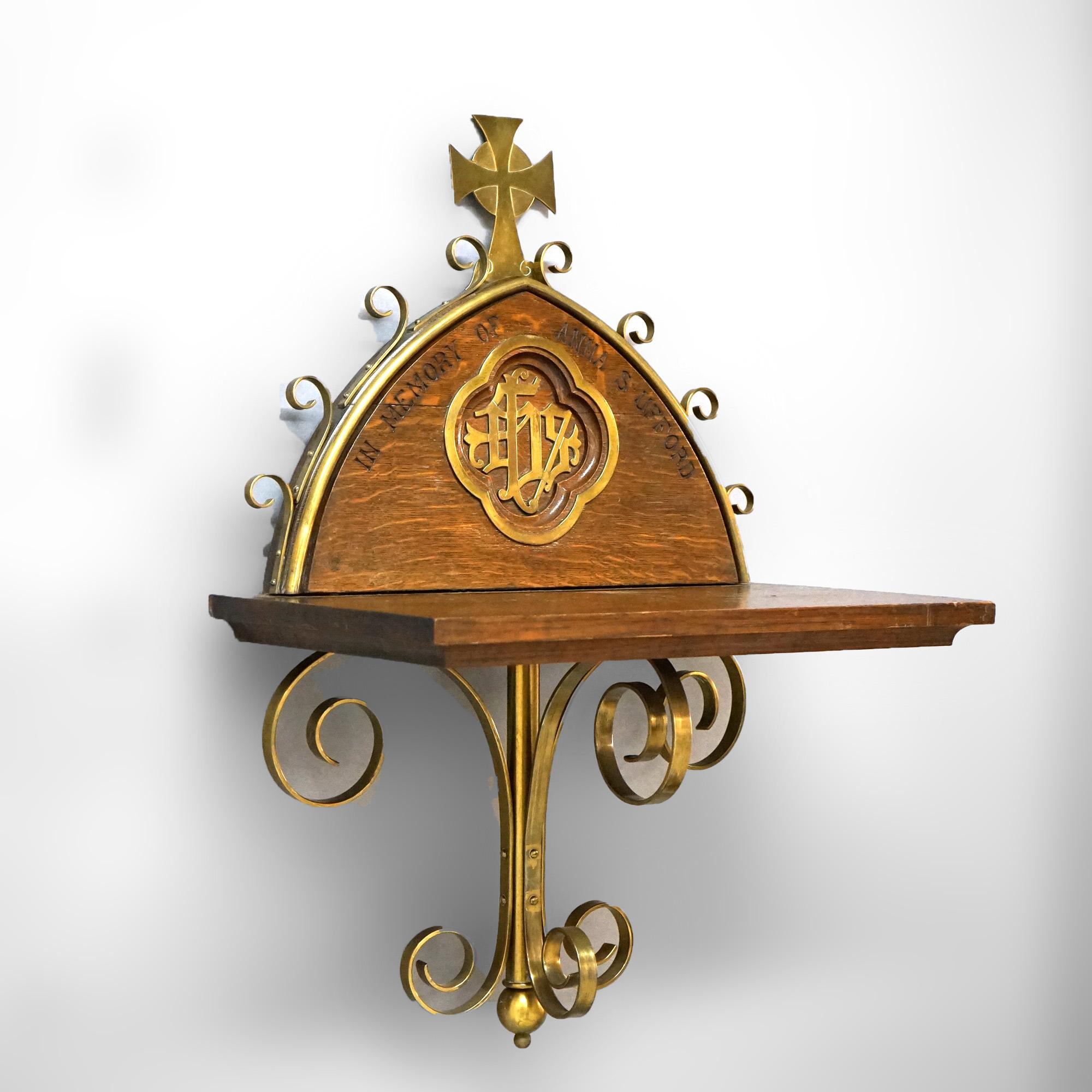 Antique Gothic Oak & Brass Communion Shelf 19thC In Good Condition For Sale In Big Flats, NY