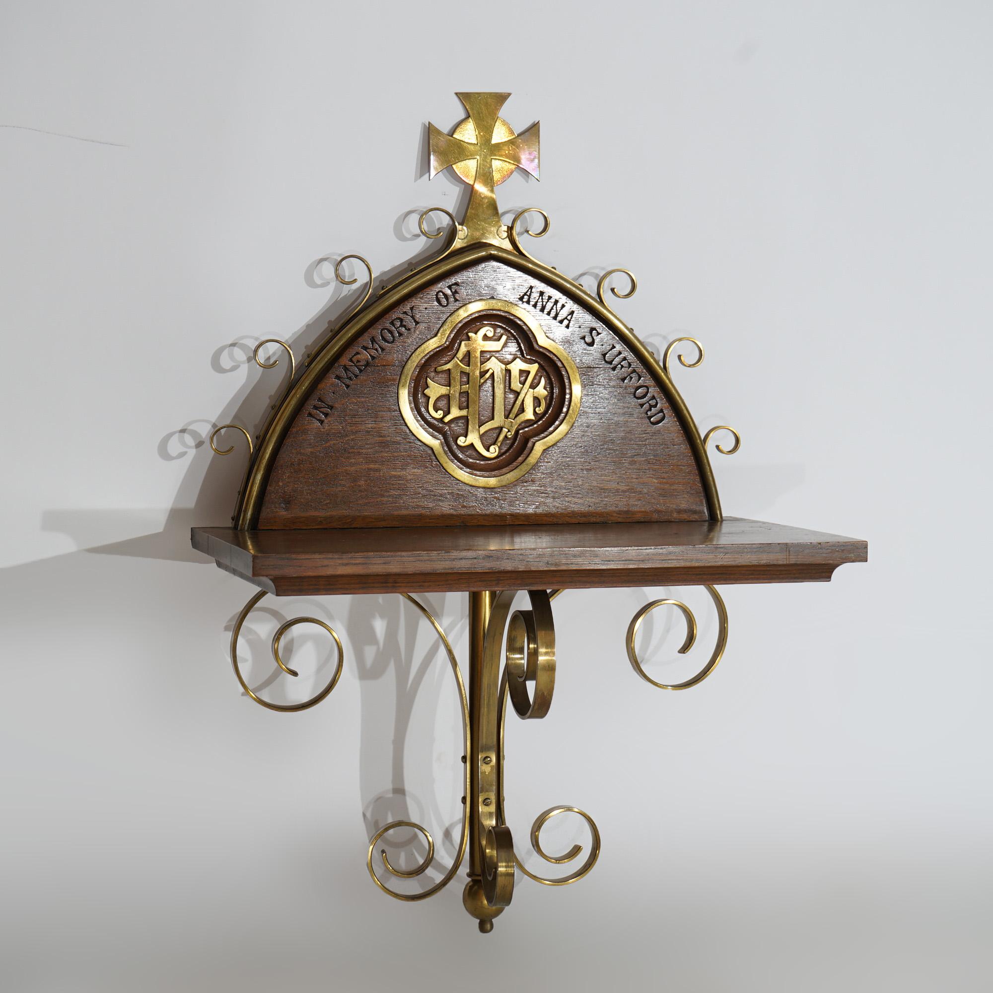 Antique Gothic Oak & Brass Communion Shelf 19thC For Sale 1