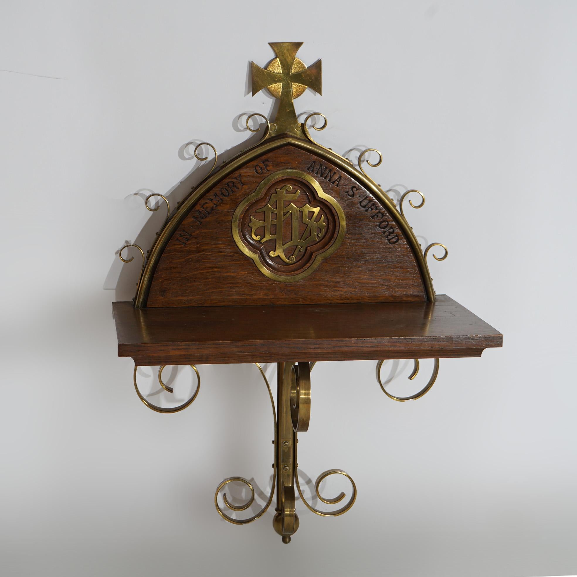 Antique Gothic Oak & Brass Communion Shelf 19thC For Sale 2