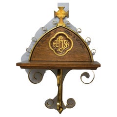 Antique Gothic Oak & Brass Communion Shelf 19thC