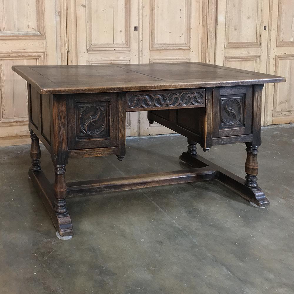 Belgian Antique Gothic Oak Desk with Leather Top For Sale