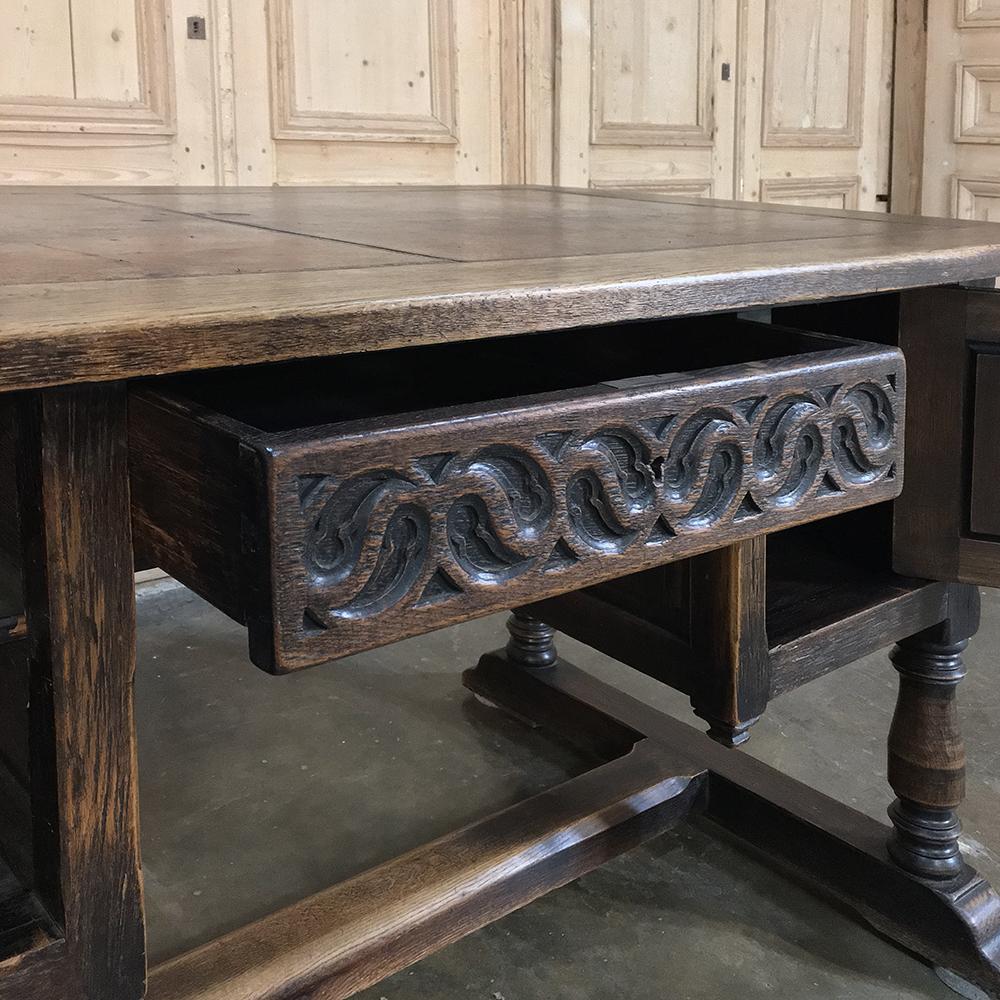 Hand-Crafted Antique Gothic Oak Desk with Leather Top For Sale