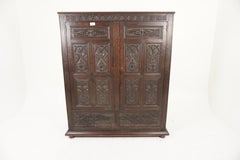 Antique Gothic Oak Housekeeper Cupboard, Hall, Armoire, Scotland 1880, H985