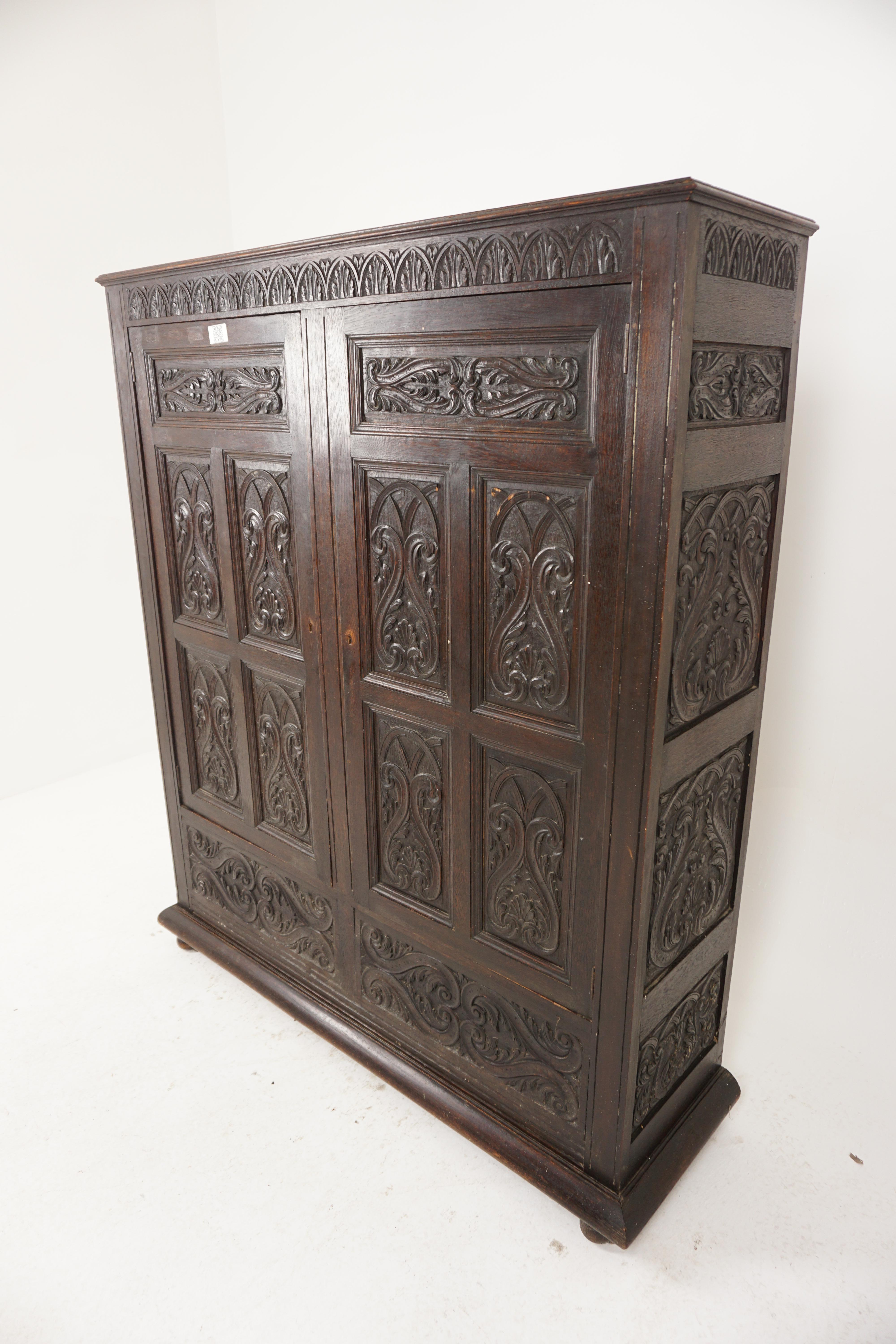 Scottish Antique Gothic Oak Housekeeper Cupboard, Hall, Armoire, Scotland 1880, H985 For Sale