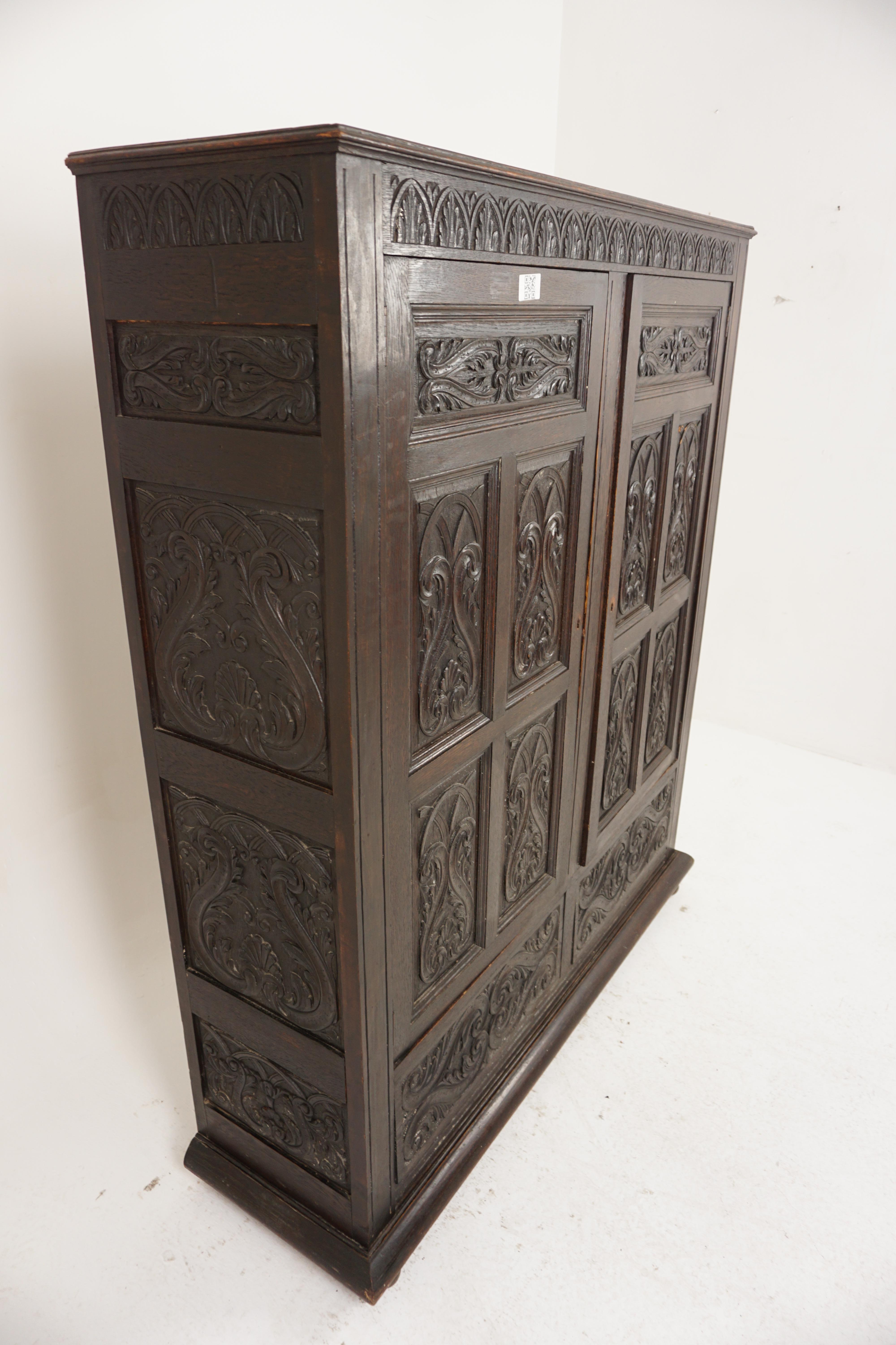 Hand-Crafted Antique Gothic Oak Housekeeper Cupboard, Hall, Armoire, Scotland 1880, H985 For Sale