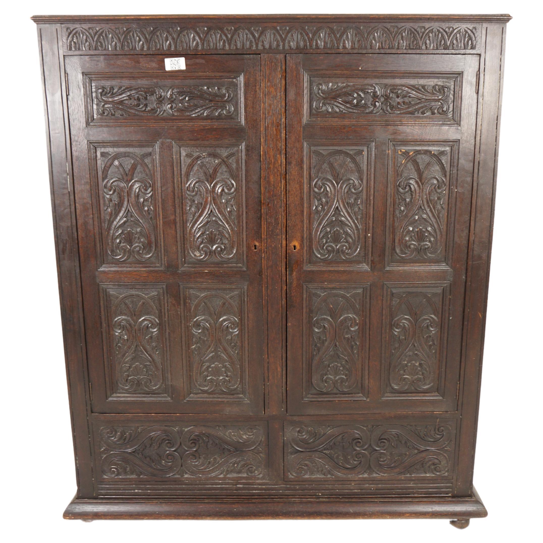 Antique Gothic Oak Housekeeper Cupboard, Hall, Armoire, Scotland 1880, H985 For Sale