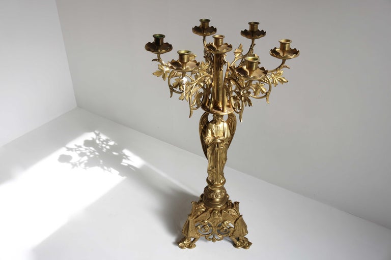 Antique Gothic Ornate Brass Plated Candelabra, Angel, Altar/Church Candlestick For Sale 5