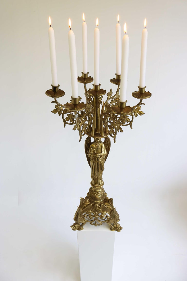Antique Gothic Ornate Brass Plated Candelabra, Angel, Altar/Church Candlestick For Sale 9