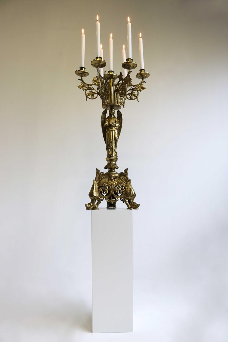 Antique Gothic Ornate Brass Plated Candelabra, Angel, Altar/Church Candlestick For Sale 14