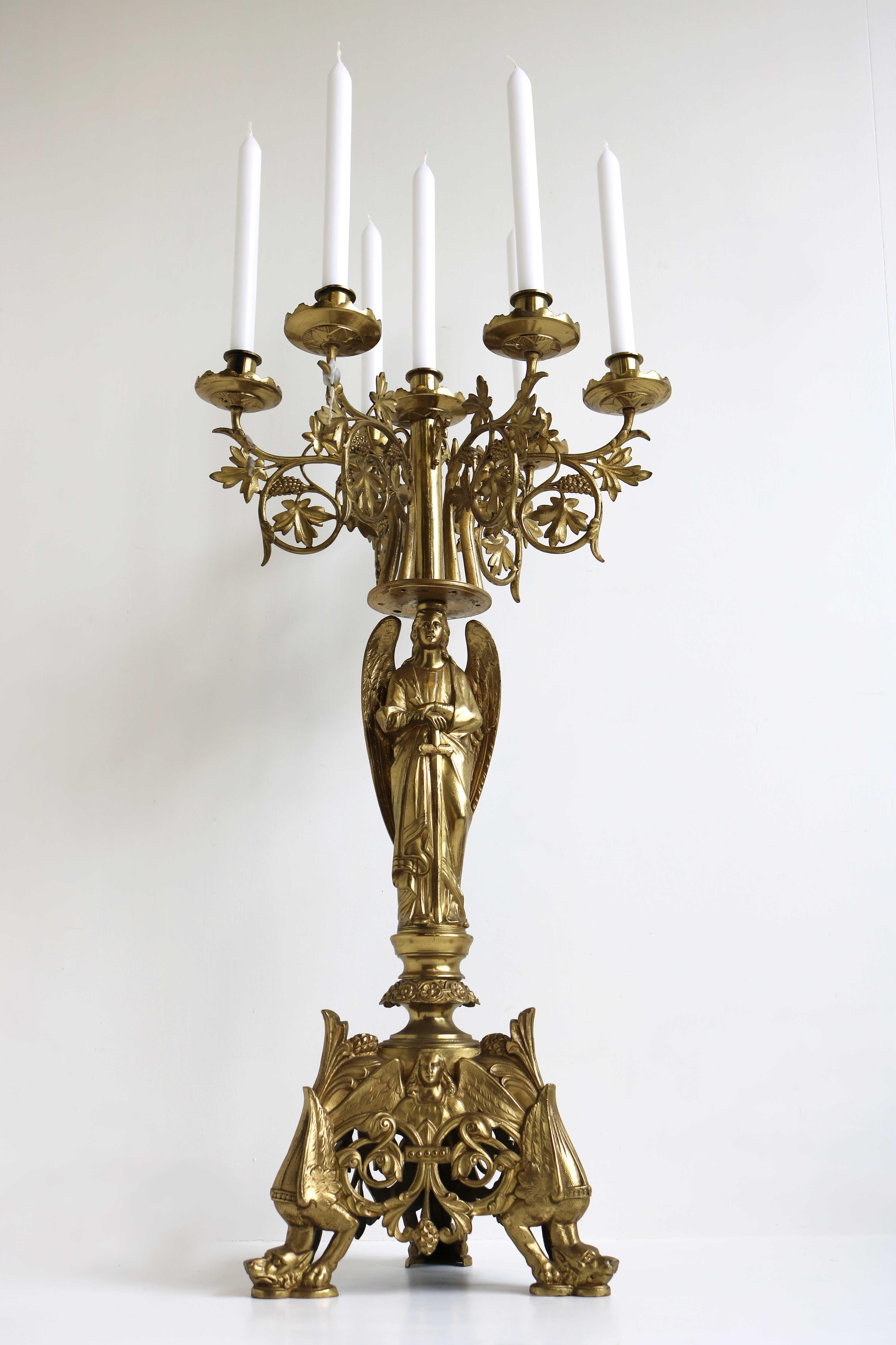 Gothic Revival Antique Gothic Ornate Brass Plated Candelabra, Angel, Altar/Church Candlestick