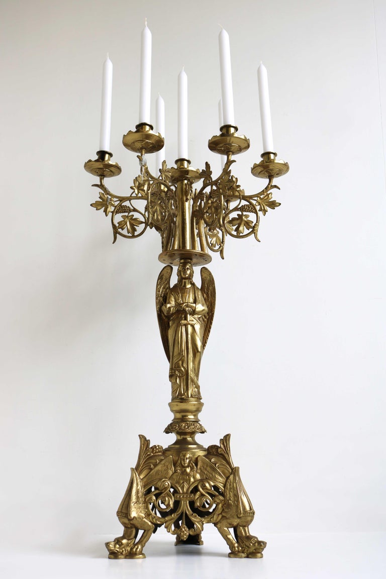 Gothic Revival Antique Gothic Ornate Brass Plated Candelabra, Angel, Altar/Church Candlestick For Sale