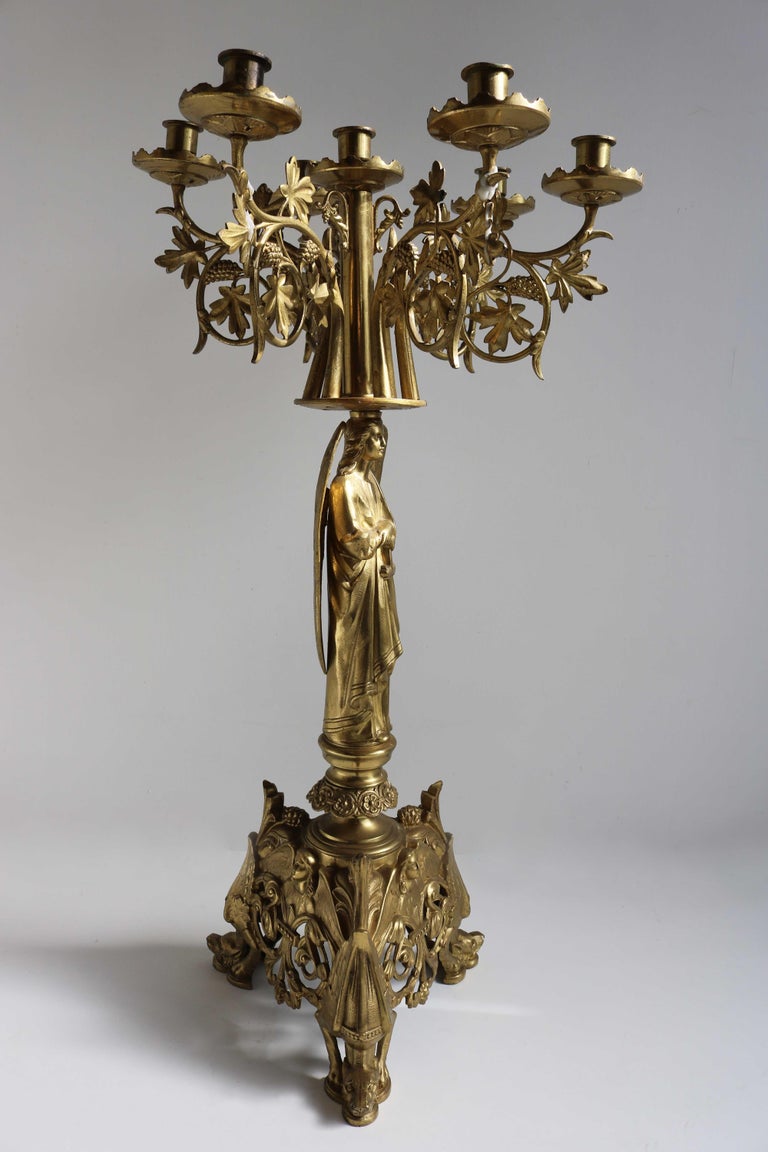 French Antique Gothic Ornate Brass Plated Candelabra, Angel, Altar/Church Candlestick For Sale