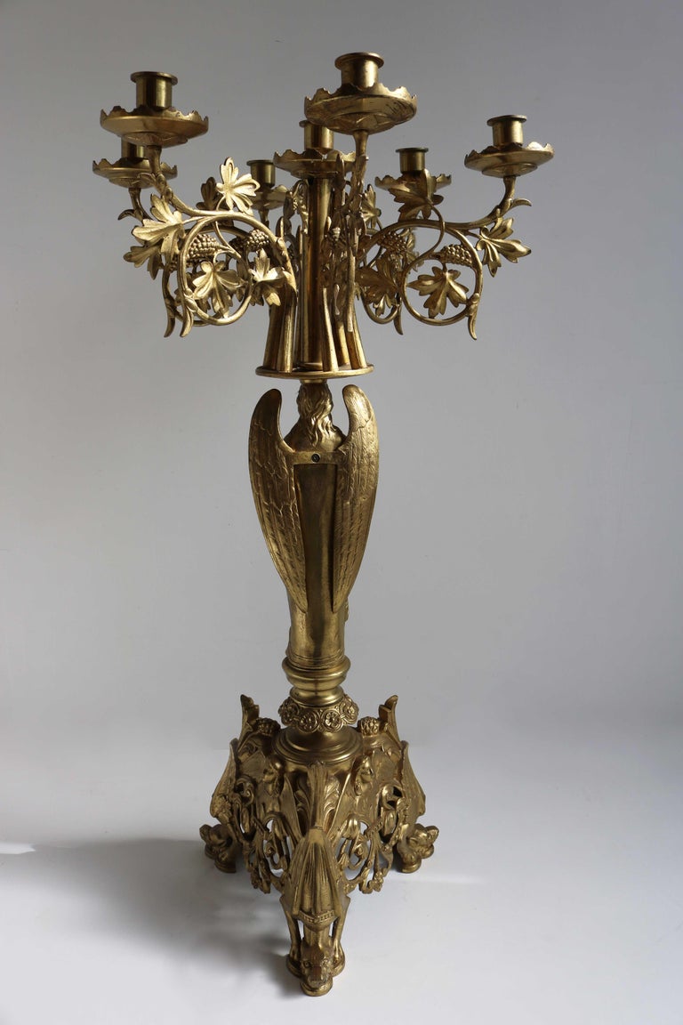 19th Century Antique Gothic Ornate Brass Plated Candelabra, Angel, Altar/Church Candlestick For Sale