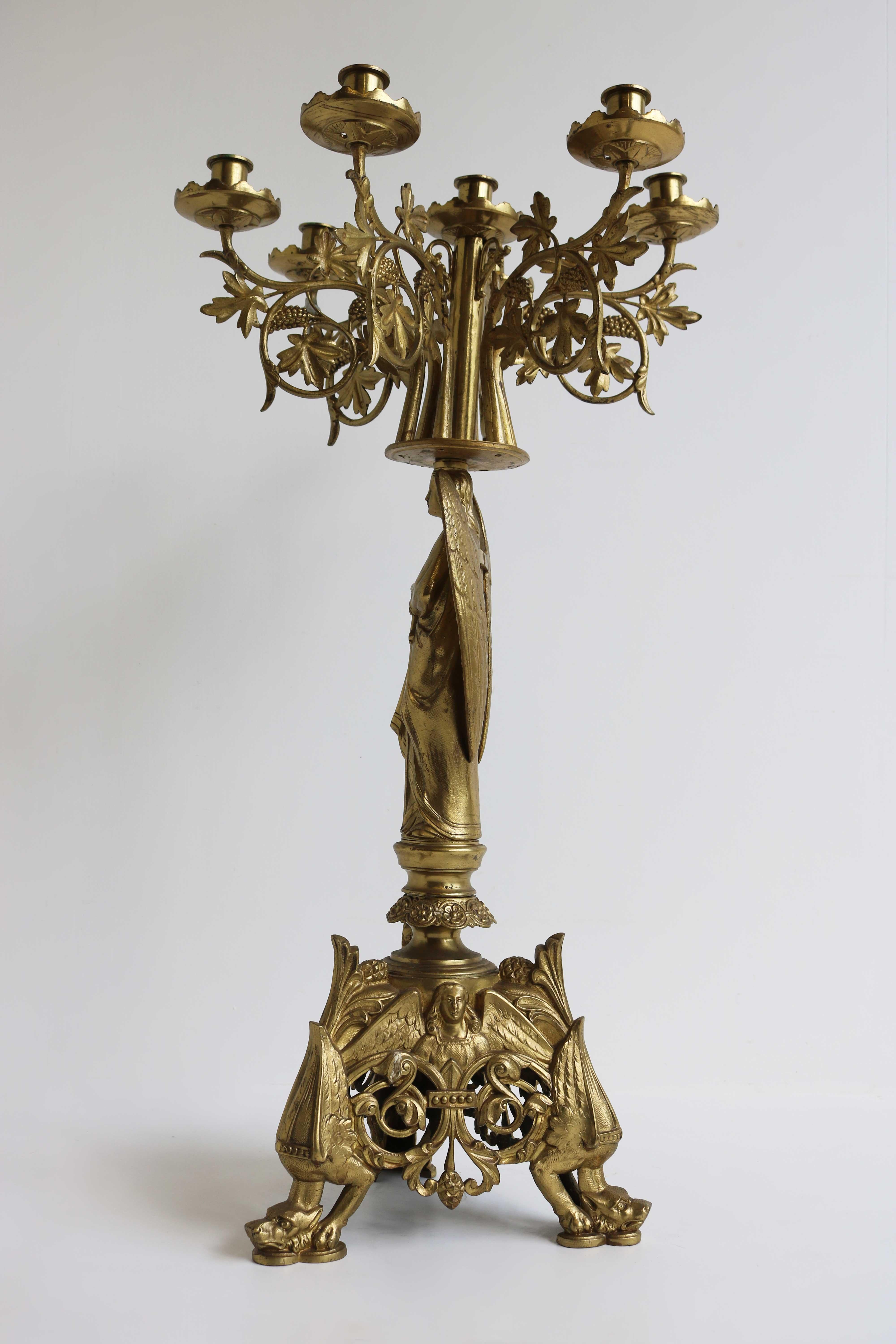 Antique Gothic Ornate Brass Plated Candelabra, Angel, Altar/Church Candlestick 2