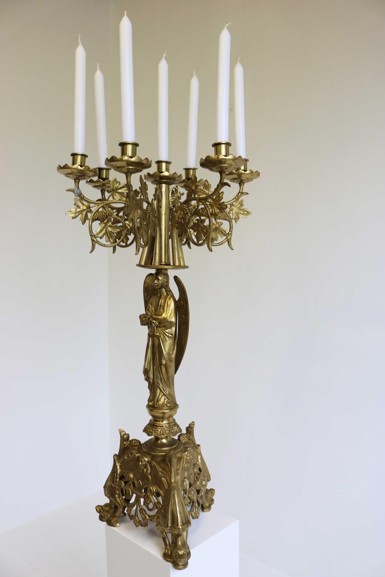Antique Gothic Ornate Brass Plated Candelabra, Angel, Altar/Church Candlestick For Sale 3
