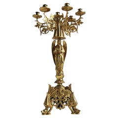 Antique Gothic Ornate Brass Plated Candelabra, Angel, Altar/Church Candlestick