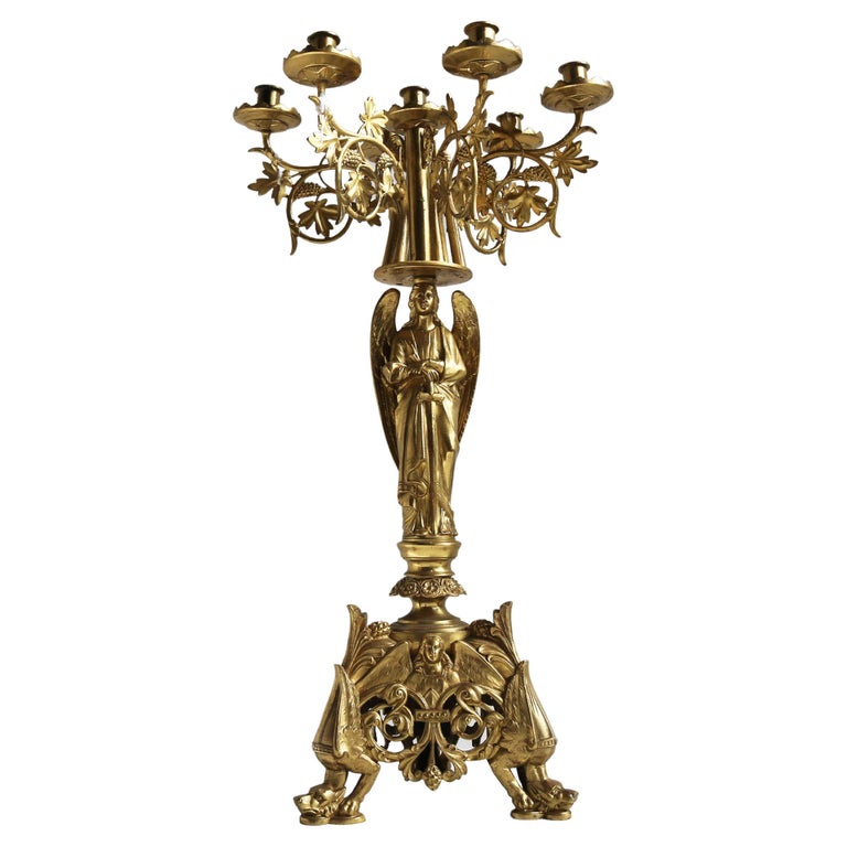 Antique Gothic Ornate Brass Plated Candelabra, Angel, Altar/Church Candlestick For Sale