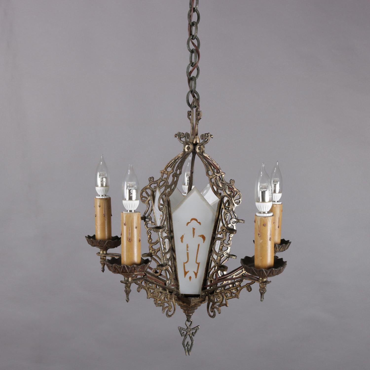 Antique Gothic Pierced Bronze and Gilt Glass 5-Candle Light Chandelier 3