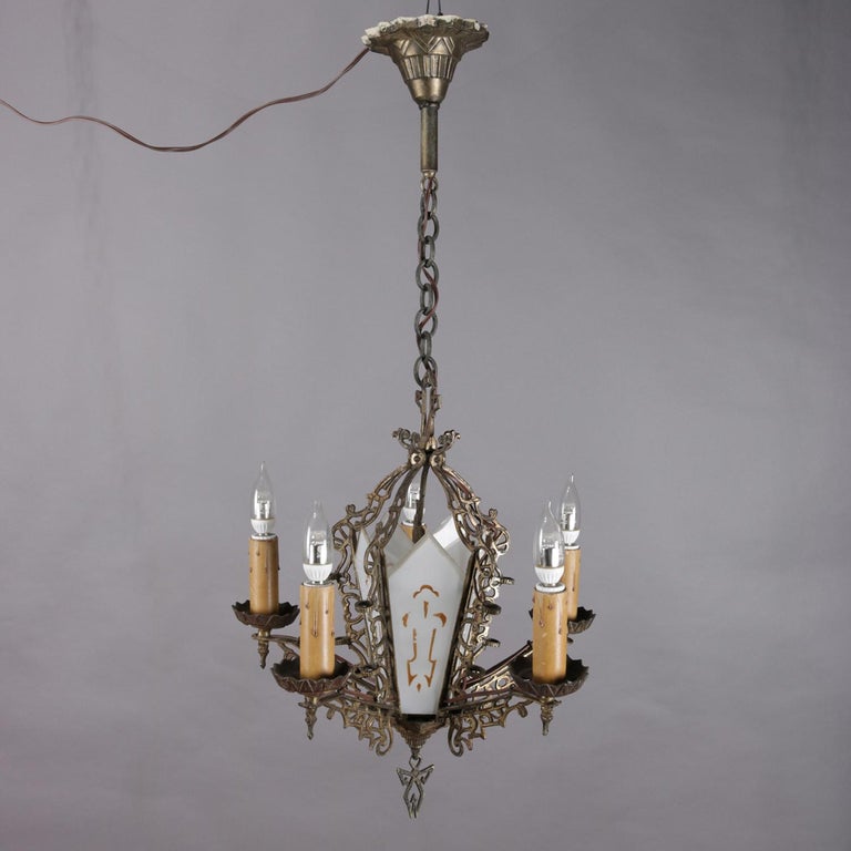 Antique Gothic Pierced Bronze and Gilt Glass 5Candle Light Chandelier