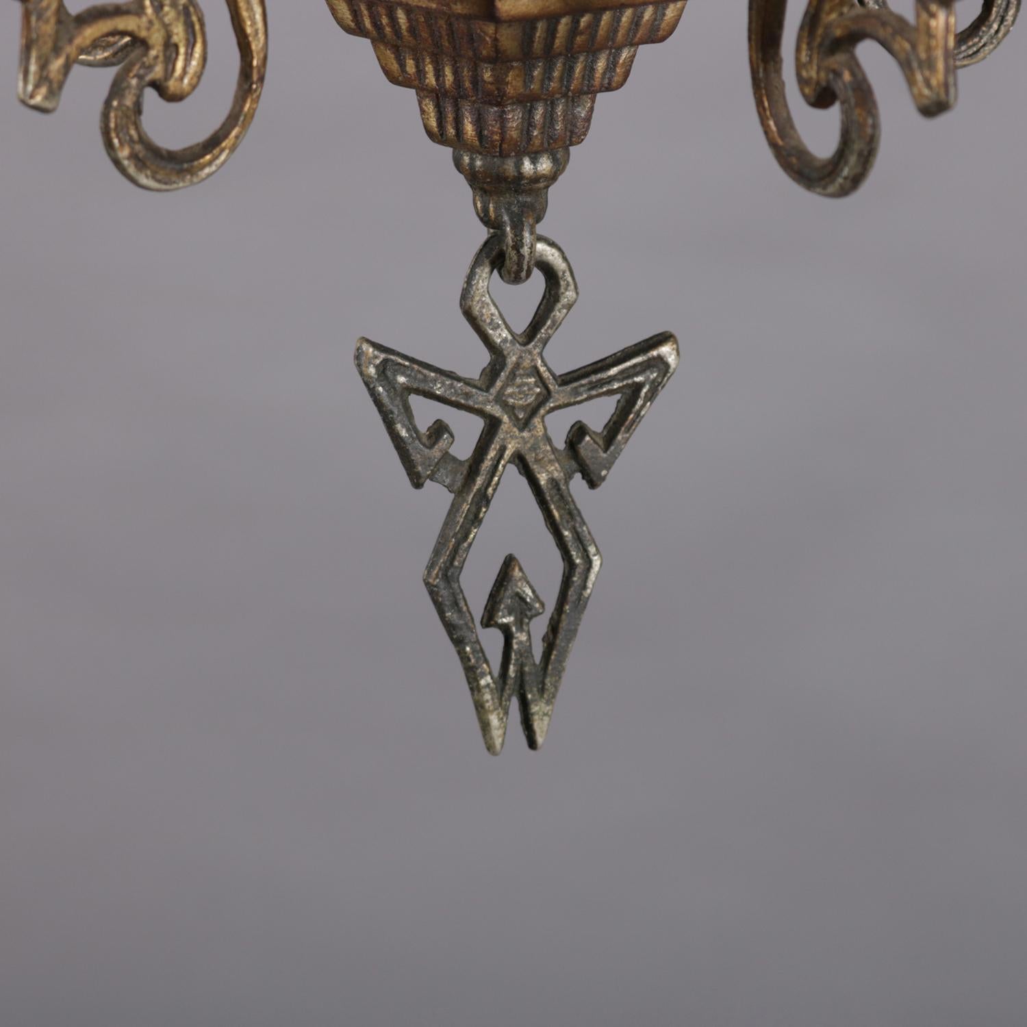 Cast Antique Gothic Pierced Bronze and Gilt Glass 5-Candle Light Chandelier