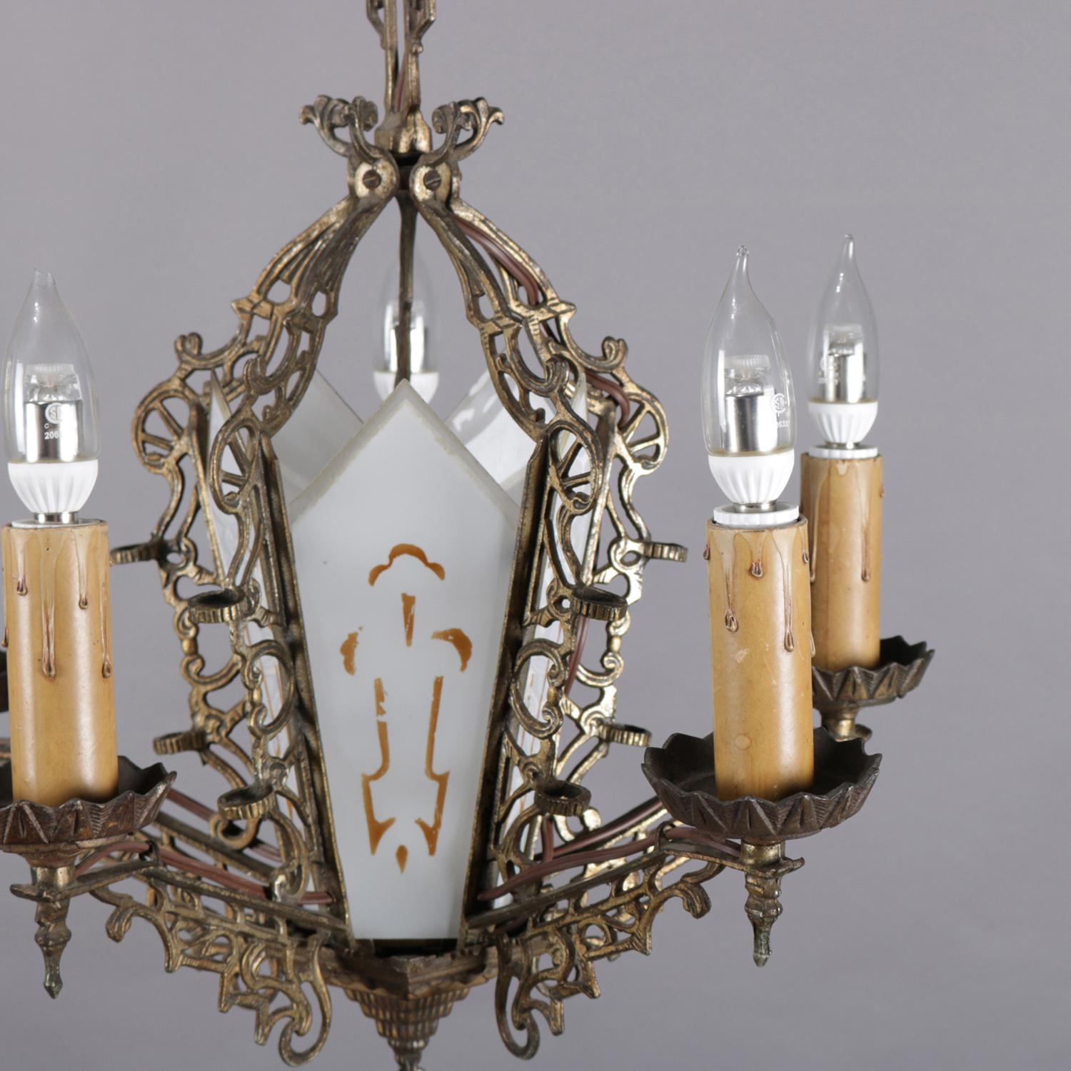 Antique Gothic Pierced Bronze and Gilt Glass 5-Candle Light Chandelier In Good Condition In Big Flats, NY
