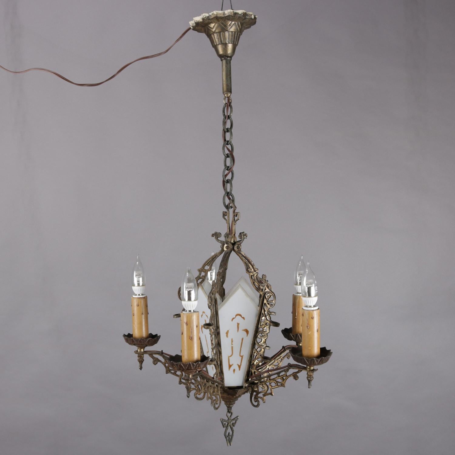 19th Century Antique Gothic Pierced Bronze and Gilt Glass 5-Candle Light Chandelier