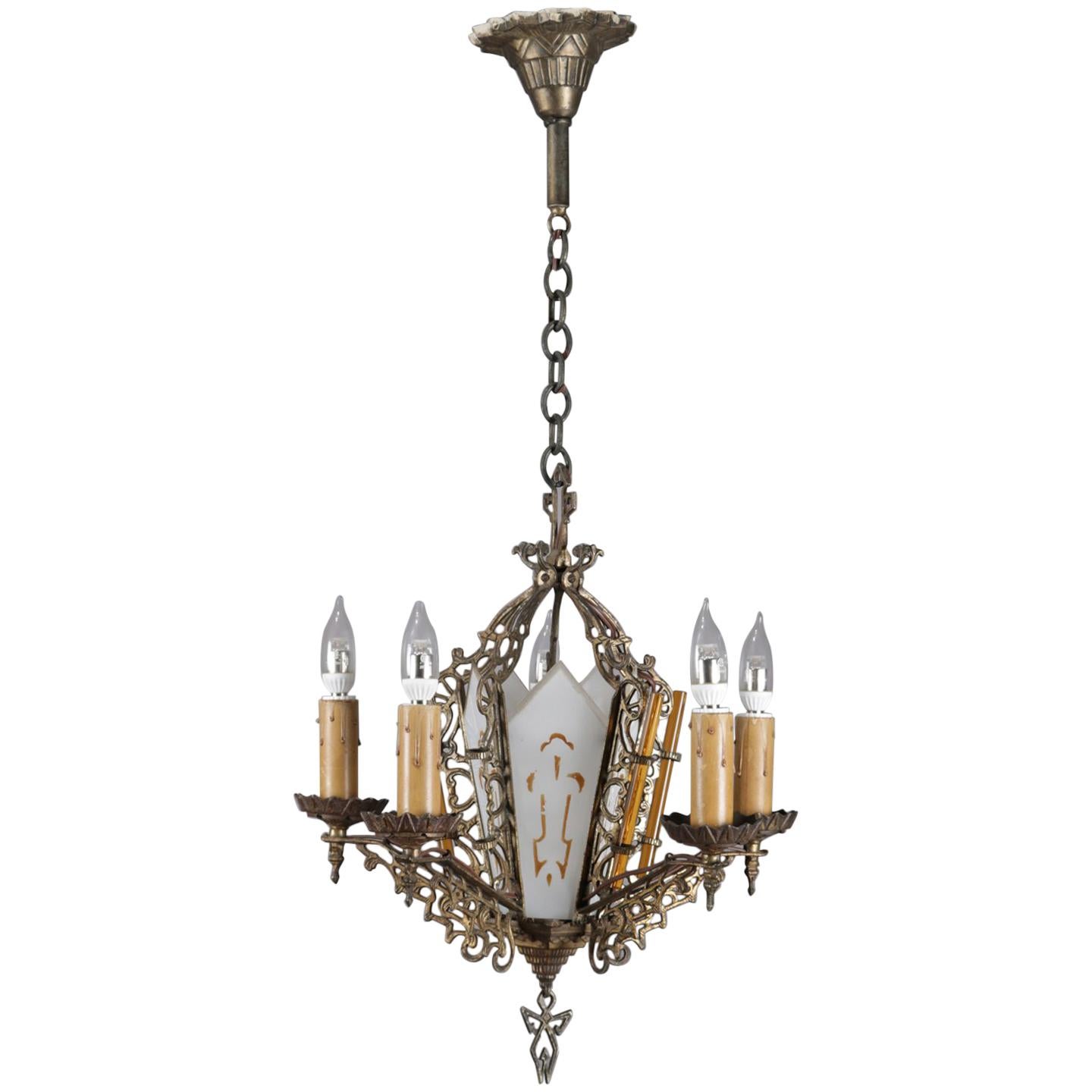 Antique Gothic Pierced Bronze and Gilt Glass 5-Candle Light Chandelier