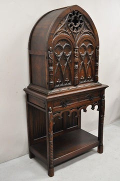 Antique Gothic Renaissance Figural Carved Oak Wood China Wine Cabinet Cupboard