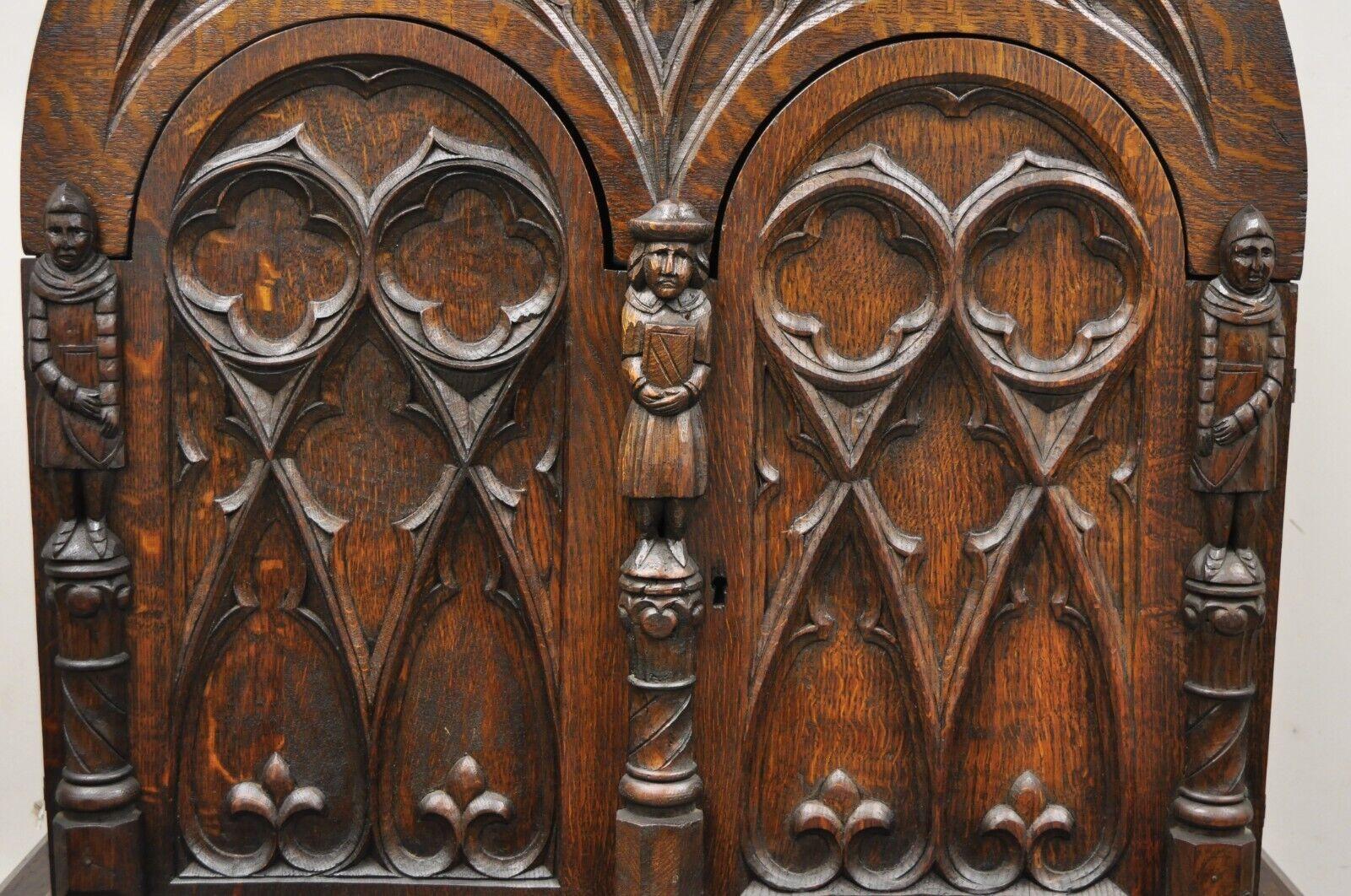 19th Century Antique Gothic Renaissance Figural Carved Oak Wood China Wine Cabinet Cupboard For Sale