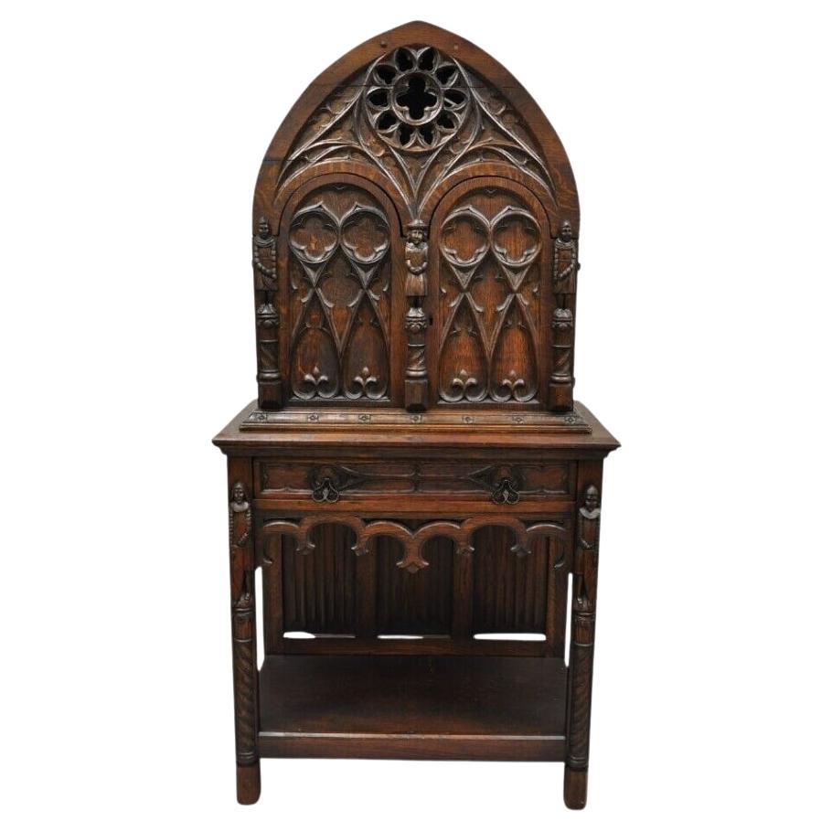Antique Gothic Renaissance Figural Carved Oak Wood China Wine Cabinet Cupboard For Sale
