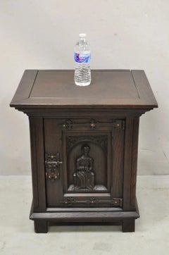 Antique Gothic Renaissance Revival Oak Figural Carved Low Cabinet Side Table