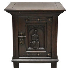Antique Gothic Renaissance Revival Oak Figural Carved Low Cabinet Side Table