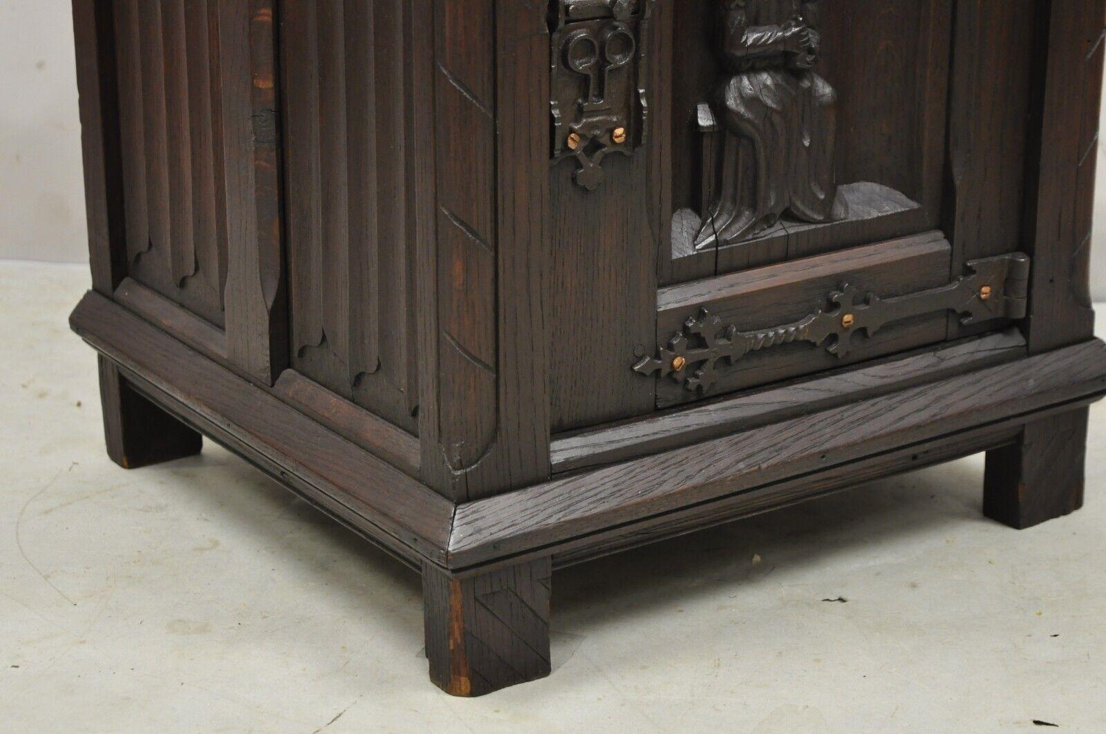 Antique Gothic Renaissance Revival Oak Wood Figural Carved Low Cabinet For Sale 7