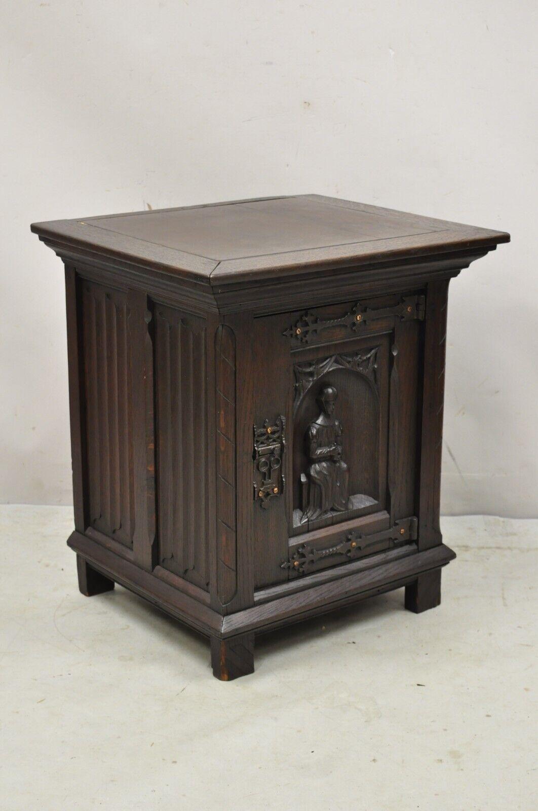 19th Century Antique Gothic Renaissance Revival Oak Wood Figural Carved Low Cabinet For Sale