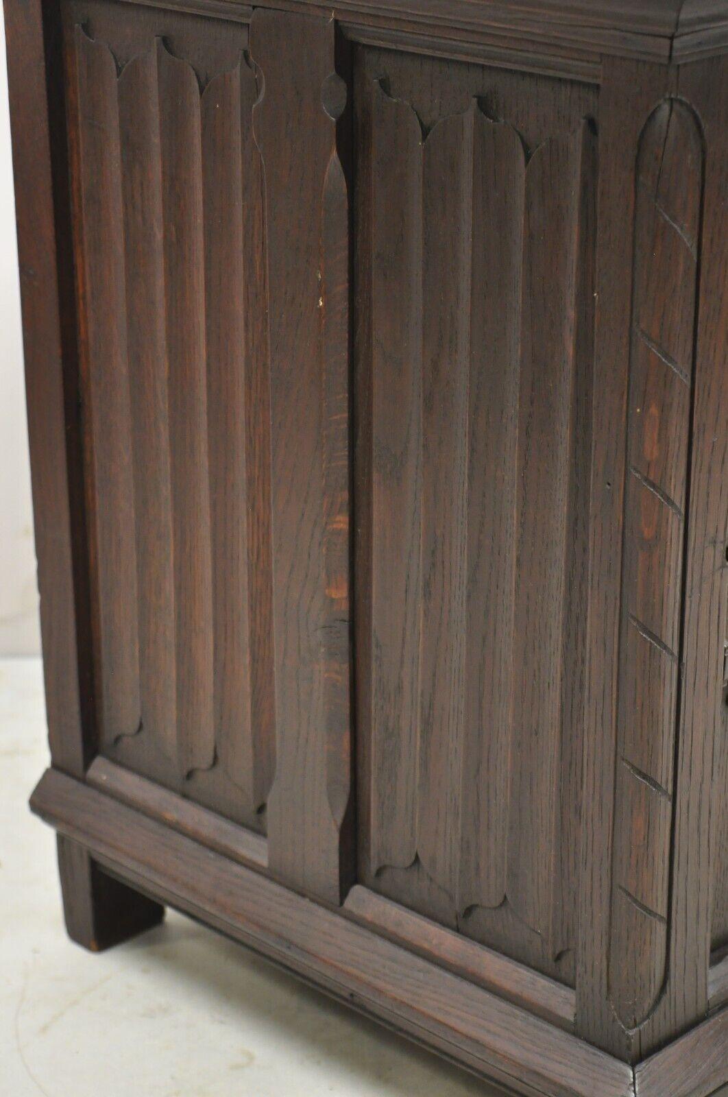 Antique Gothic Renaissance Revival Oak Wood Figural Carved Low Cabinet For Sale 4
