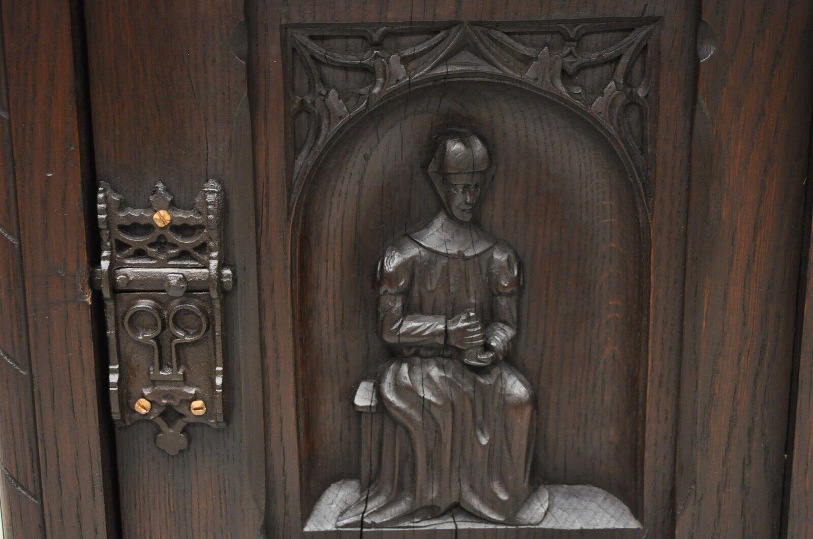 Antique Gothic Renaissance Revival Oak Wood Figural Carved Low Cabinet For Sale 5
