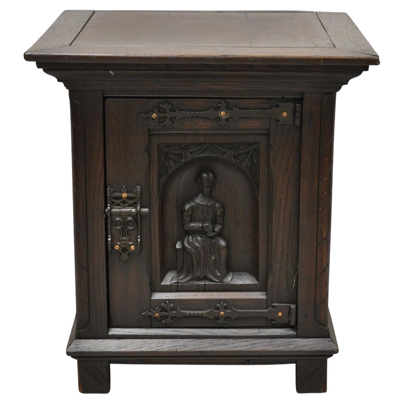 Antique Gothic Renaissance Revival Oak Wood Figural Carved Low Cabinet For Sale