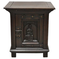 Antique Gothic Renaissance Revival Oak Wood Figural Carved Low Cabinet