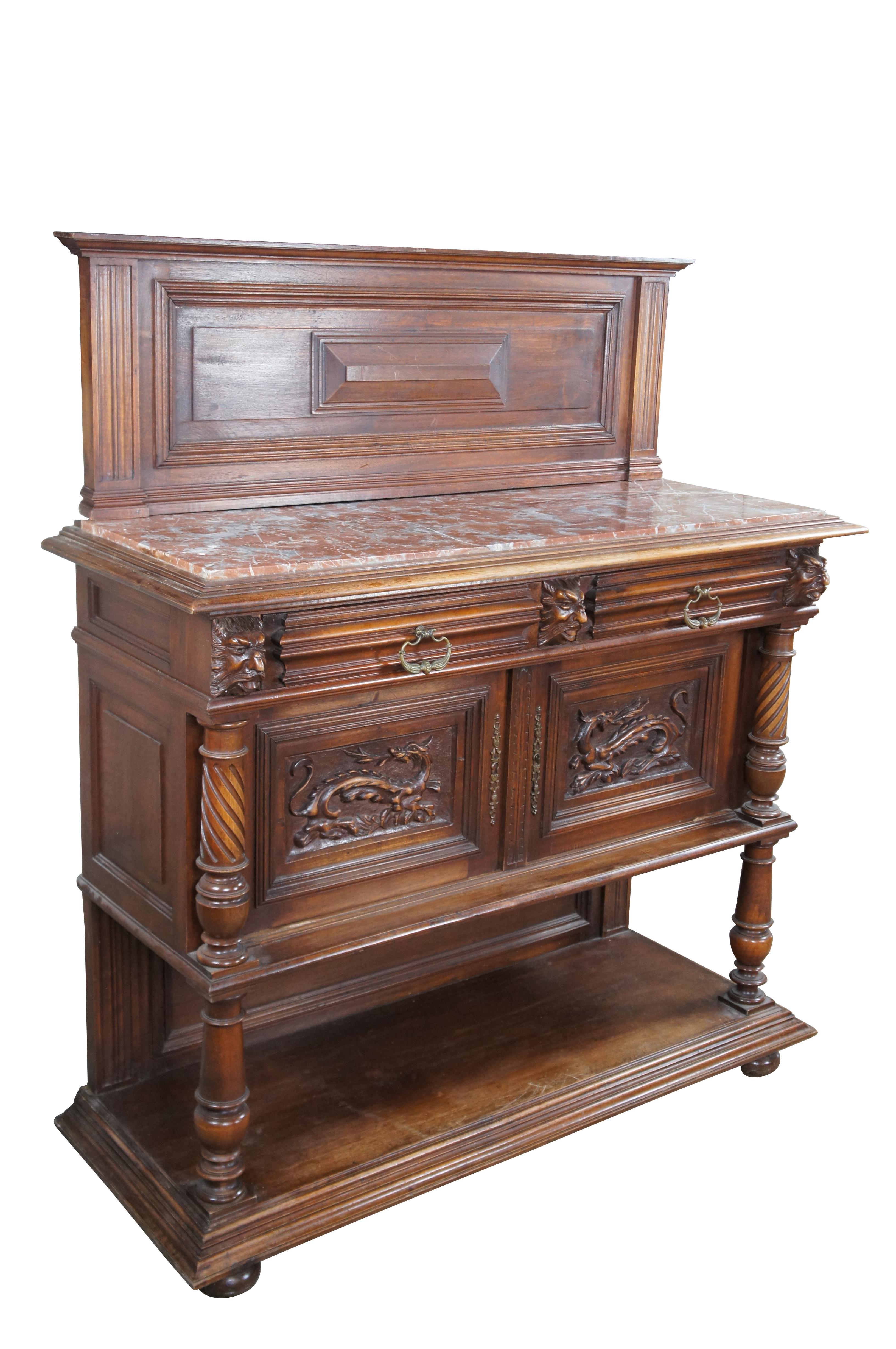Antiguo Renacimiento Gótico Renacimiento Nogal Rojo Mármol Aparador Gabinete Francés en venta