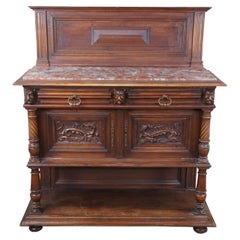 Antique Gothic Renaissance Revival Walnut Rouge Marble Buffet Sideboard Cabinet