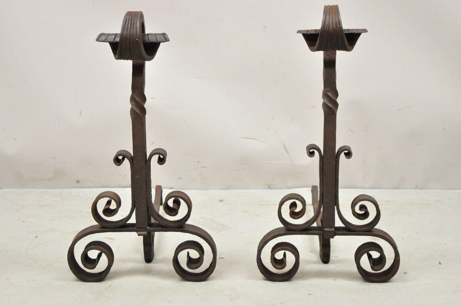 Antique Gothic Renaissance Scrolling Cast Iron Fireplace Andirons - a Pair.  Item features a heavy cast iron construction, scrolling frames, attractive rusty finish, very nice antique pair, quality craftsmanship. Circa 19th Century. Measurements: