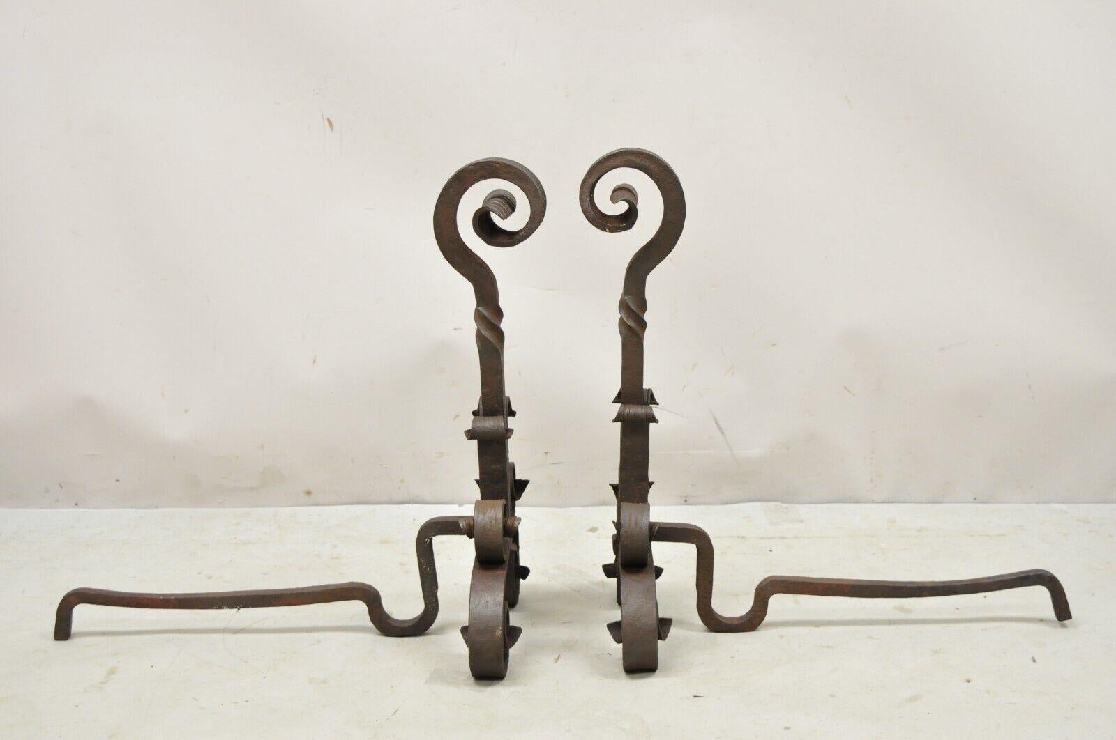19th Century Antique Gothic Renaissance Scrolling Cast Iron Fireplace Andirons - a Pair For Sale
