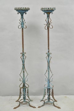 Antique Gothic Renaissance Wrought Iron Italian Candle Holder Candelabra - Pair