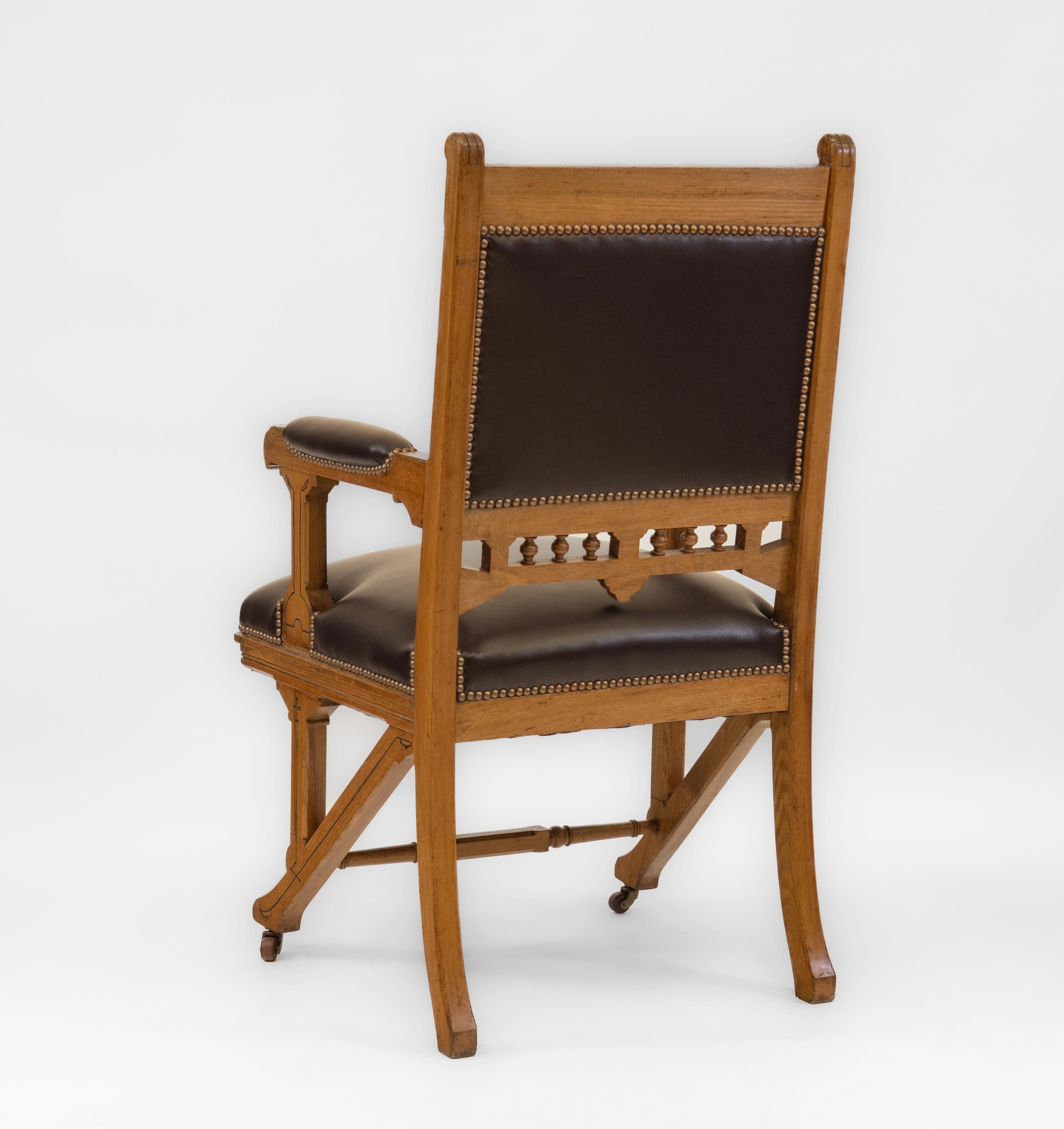 Antique Gothic Revival Ash & Leather Armchair Desk Chair Circa 1880 For Sale 6