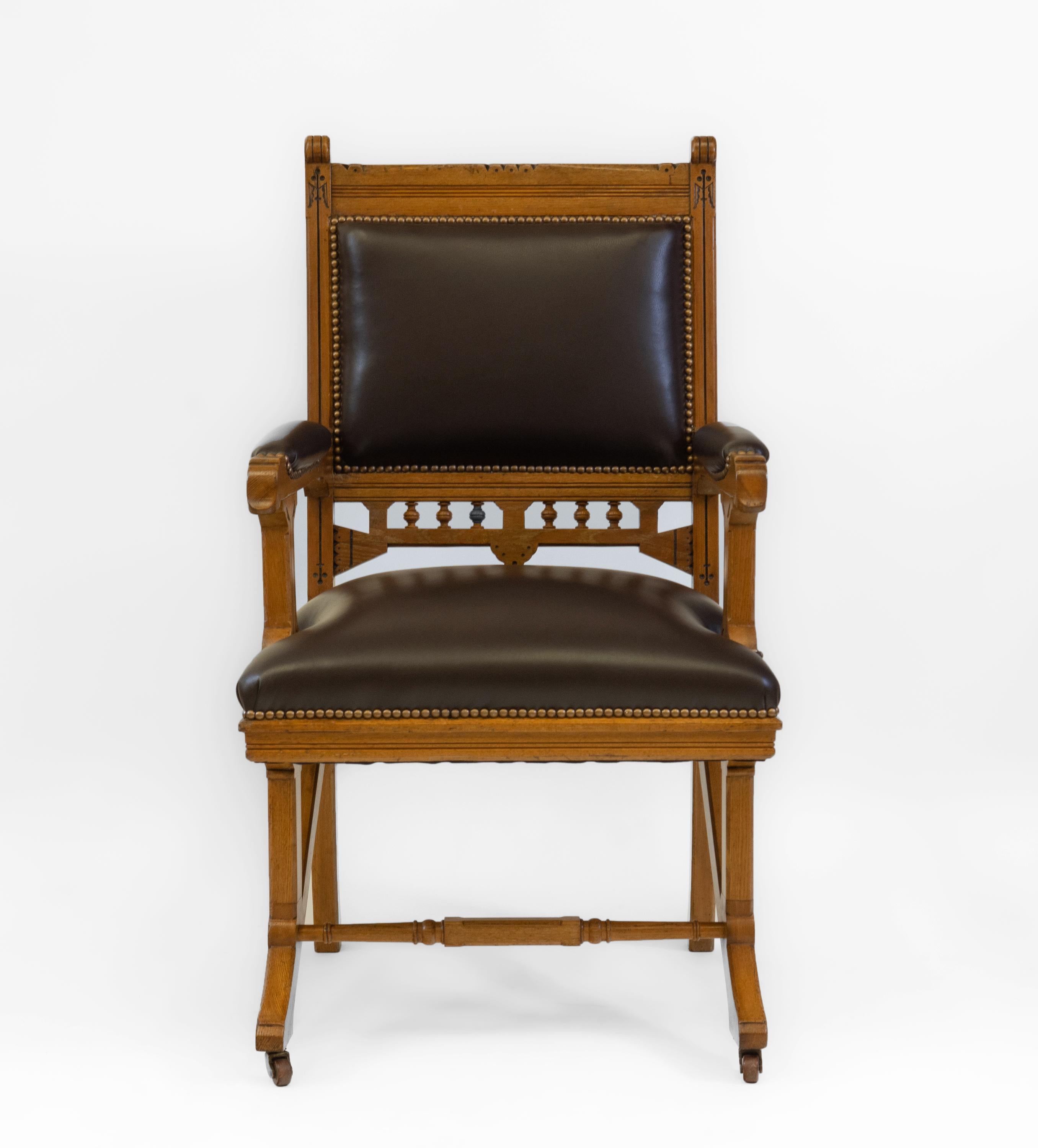 Antique Gothic Revival Ash & Leather Armchair Desk Chair Circa 1880 For Sale 7