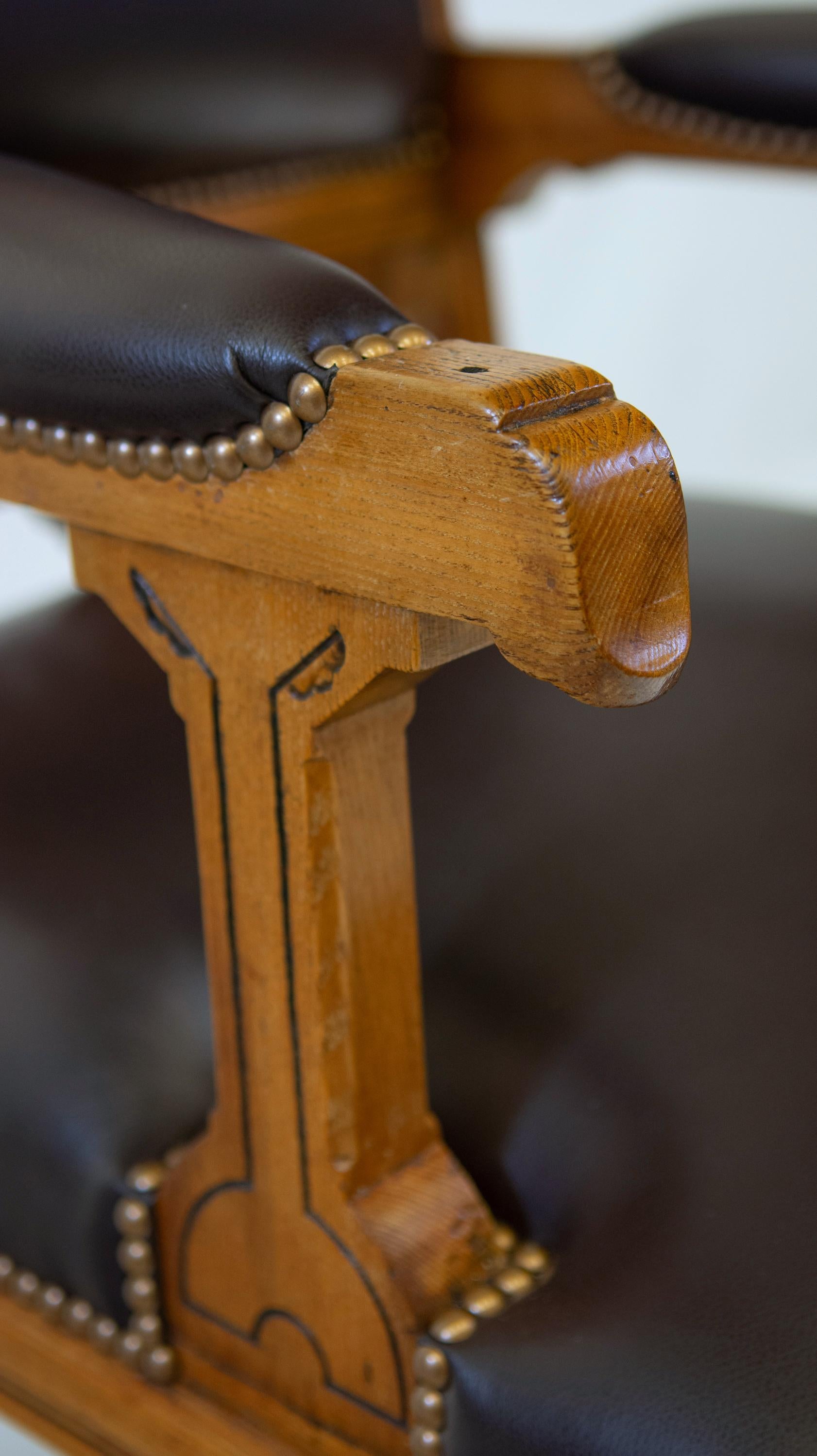 Antique Gothic Revival Ash & Leather Armchair Desk Chair Circa 1880 For Sale 10