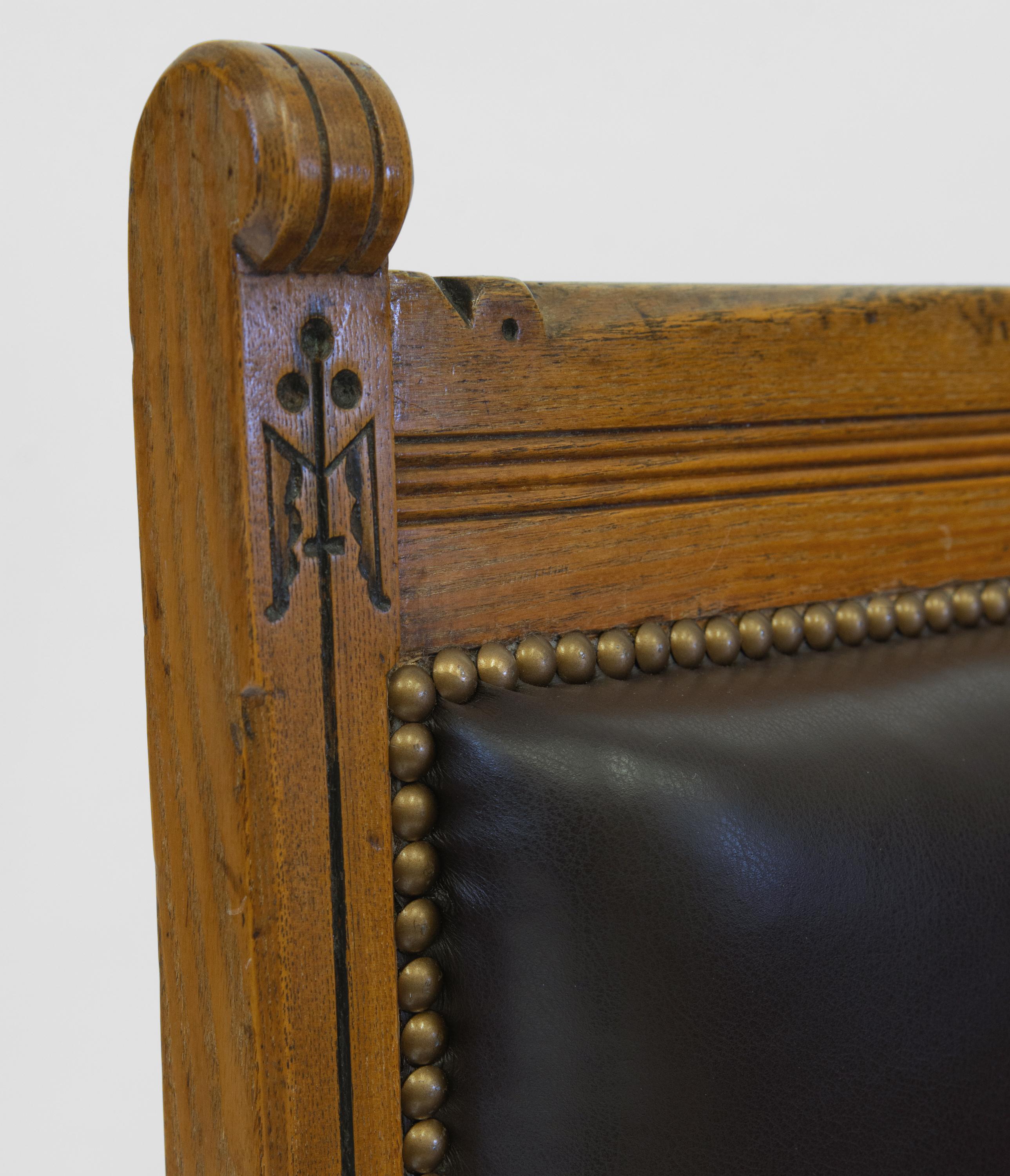 Antique Gothic Revival Ash & Leather Armchair Desk Chair Circa 1880 For Sale 11
