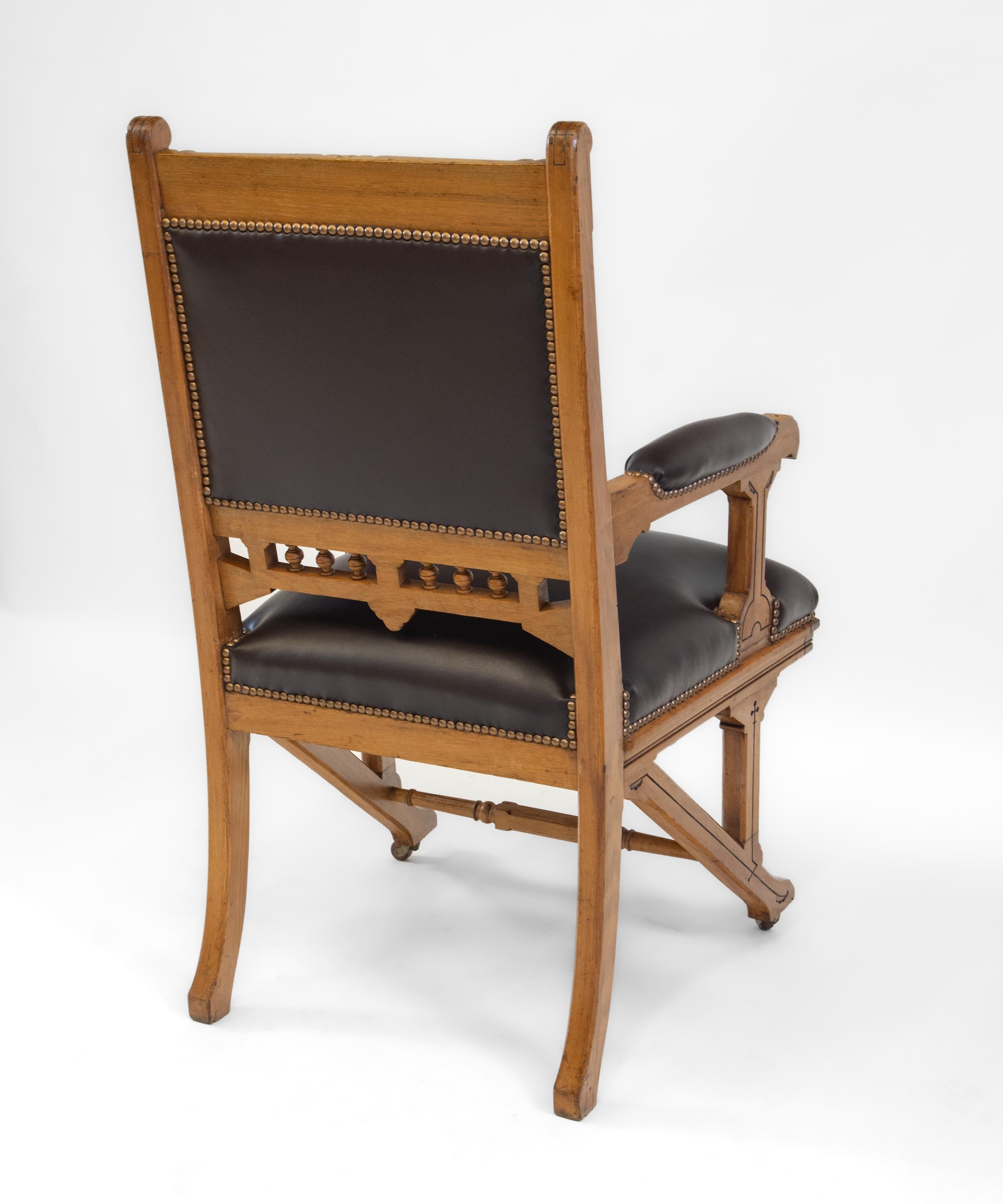 British Antique Gothic Revival Ash & Leather Armchair Desk Chair Circa 1880 For Sale