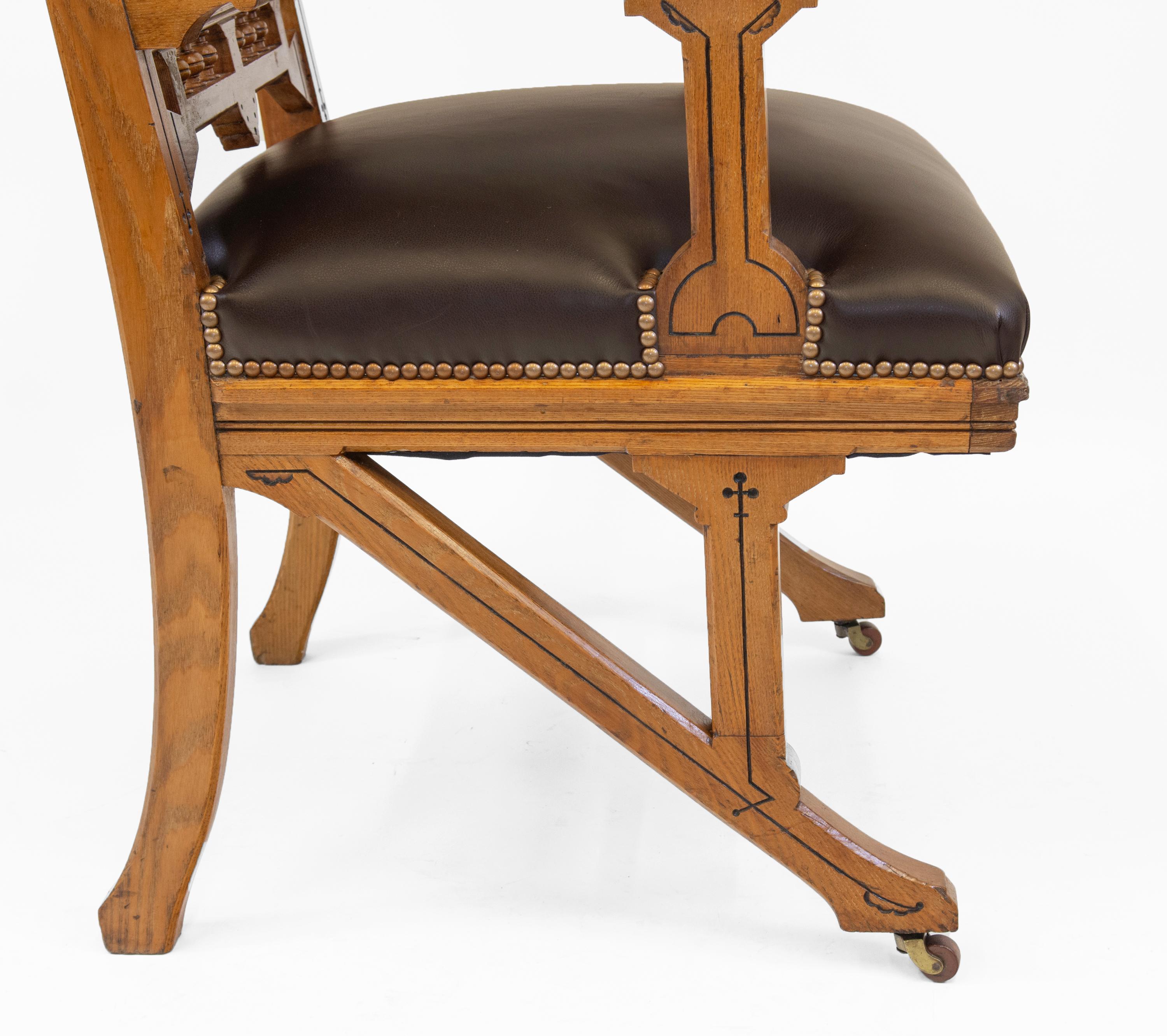 Antique Gothic Revival Ash & Leather Armchair Desk Chair Circa 1880 In Good Condition For Sale In Norwich, GB