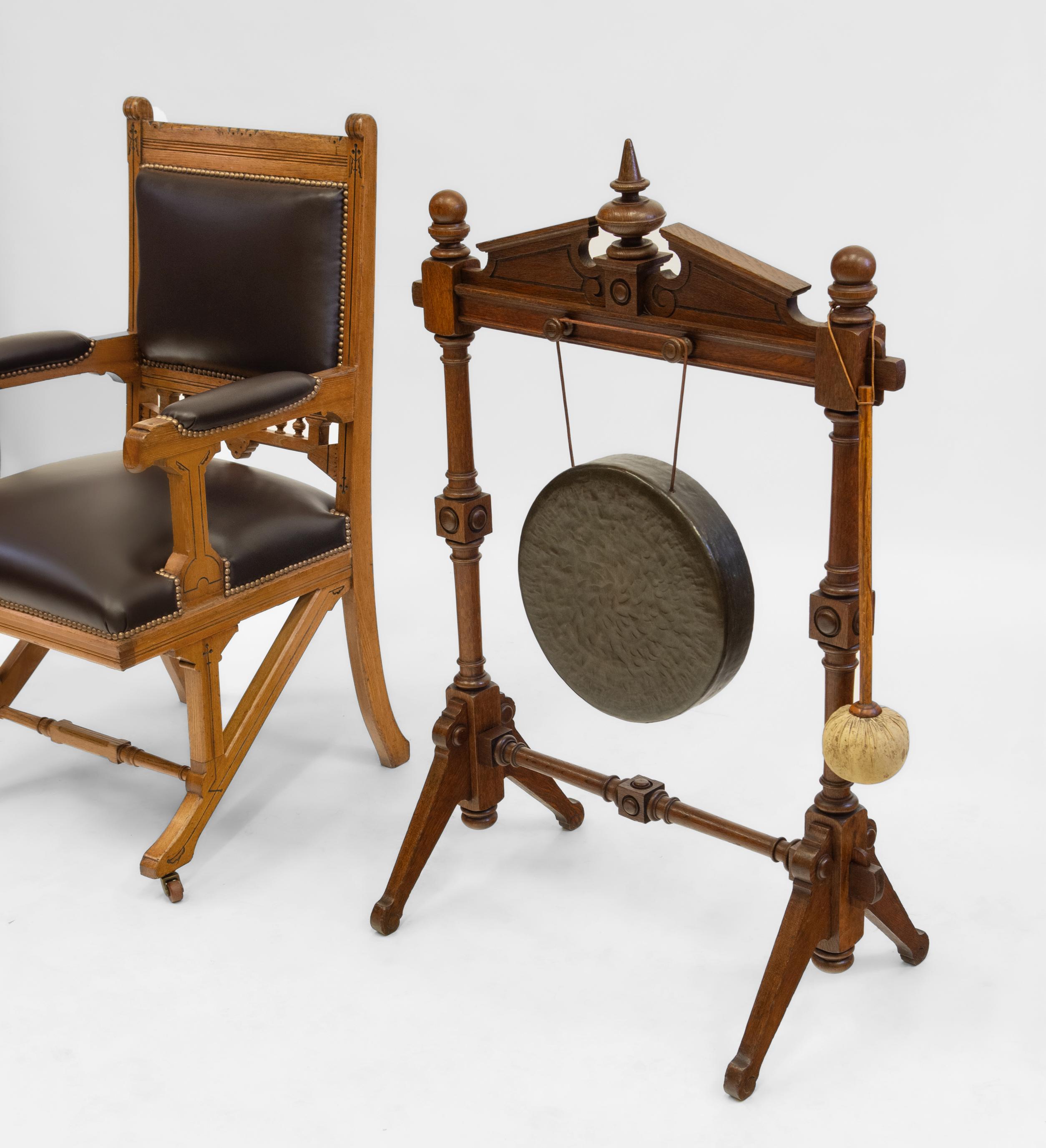 19th Century Antique Gothic Revival Ash & Leather Armchair Desk Chair Circa 1880 For Sale